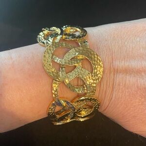 Kenneth Jay Lane KJL Hinged Golden Hammered Circle Cuff Bracelet